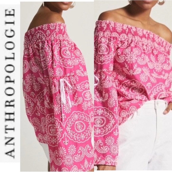 NWT Kasia x Anthropologie Pink Embroidered Off-The-Shoulder Bell Sleeve Top xs - Picture 2 of 14